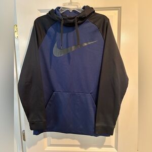 Nike Dri-FIT Hoodie Men’s L Navy Blue Black Big Swoosh Pullover Sweatshirt